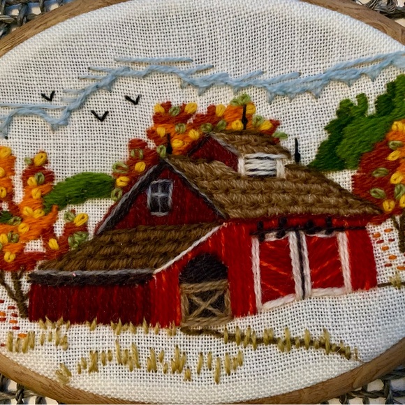Vintage Framed Rustic Farnhouse Barn Crewel Embroidery Art Piece - Picture 2 of 6
